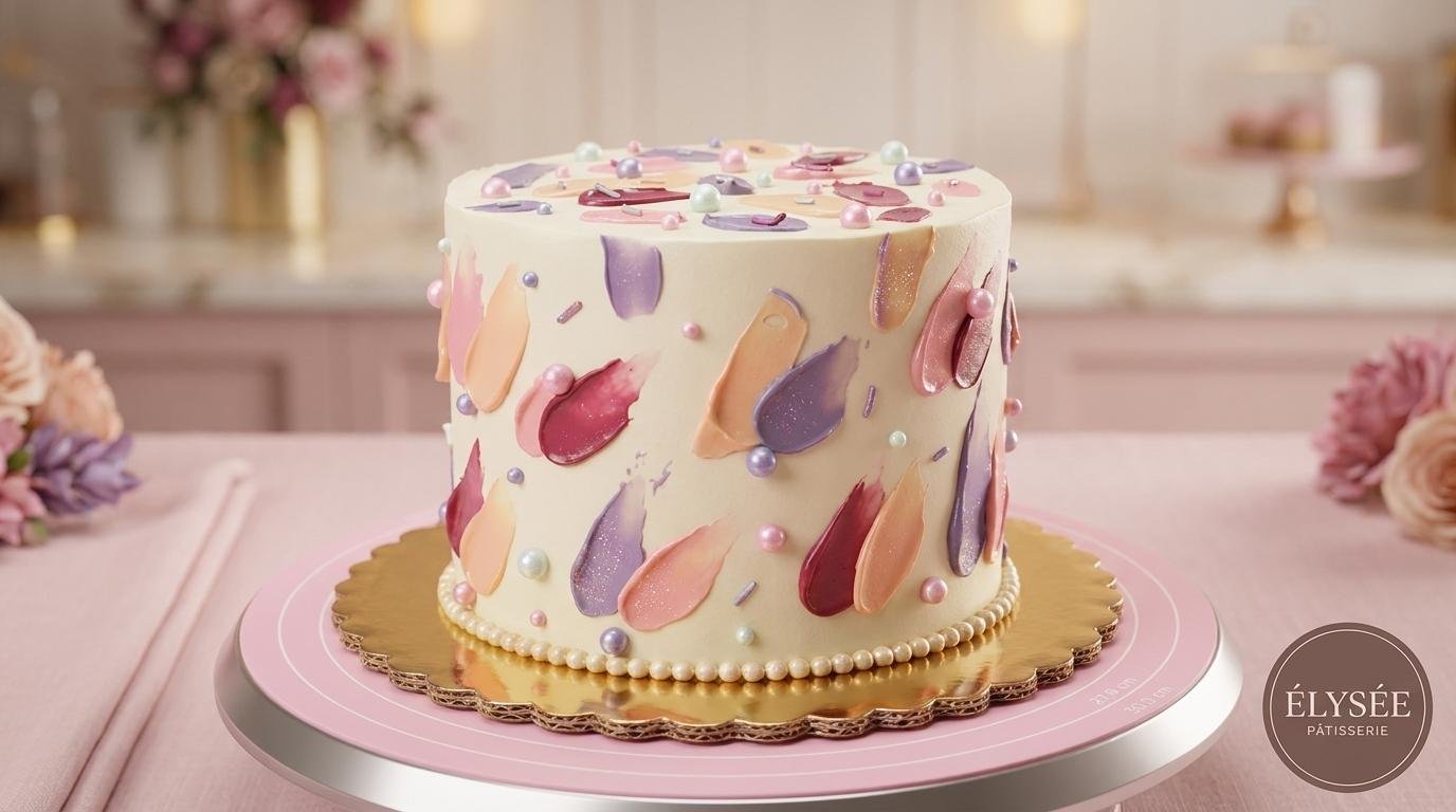 Pastel con pinceladas artísticas y perlas
