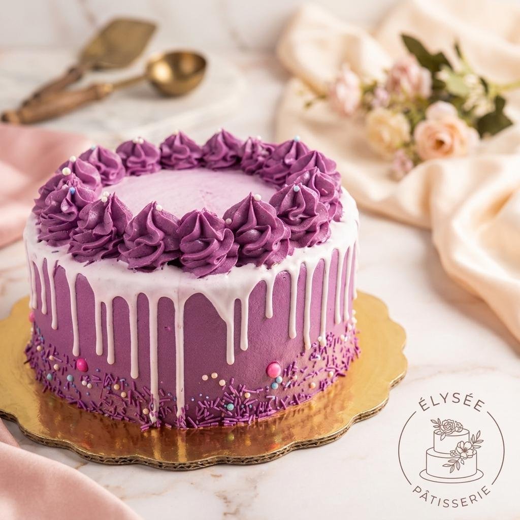 Pastel violeta con drip blanco